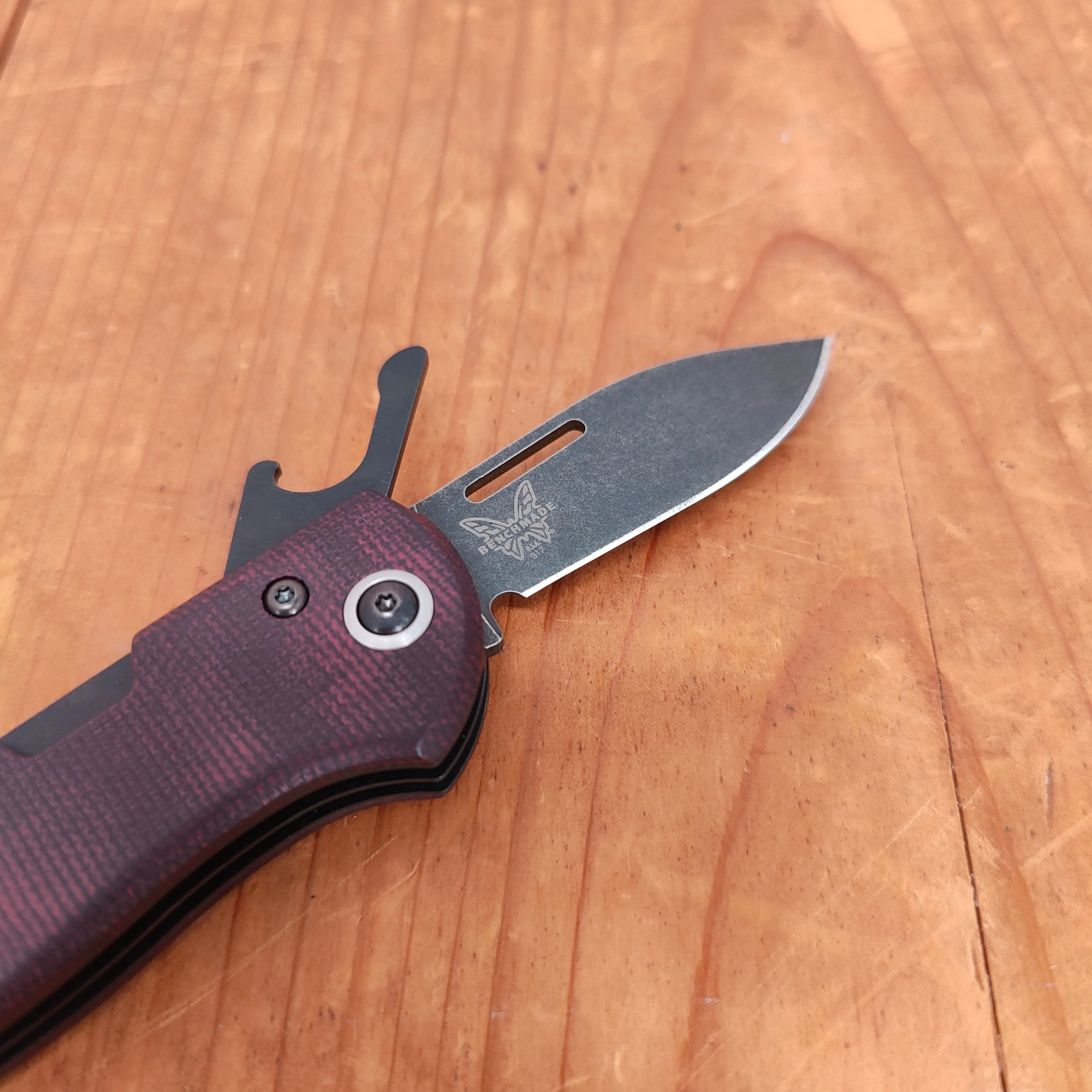 Benchmade 317BK-02 Weekender Drop Point CPM-S90V Lockback Double Red Micarta Handle with Second Blade and Bottle Opener