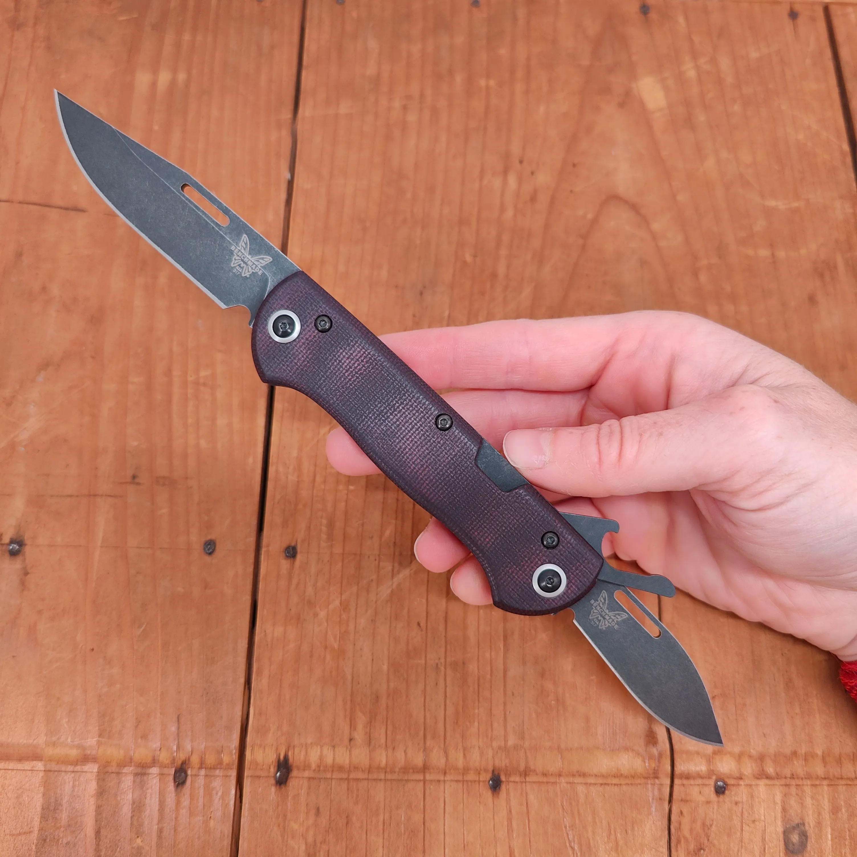 Benchmade 317BK-02 Weekender Drop Point CPM-S90V Lockback Double Red Micarta Handle with Second Blade and Bottle Opener