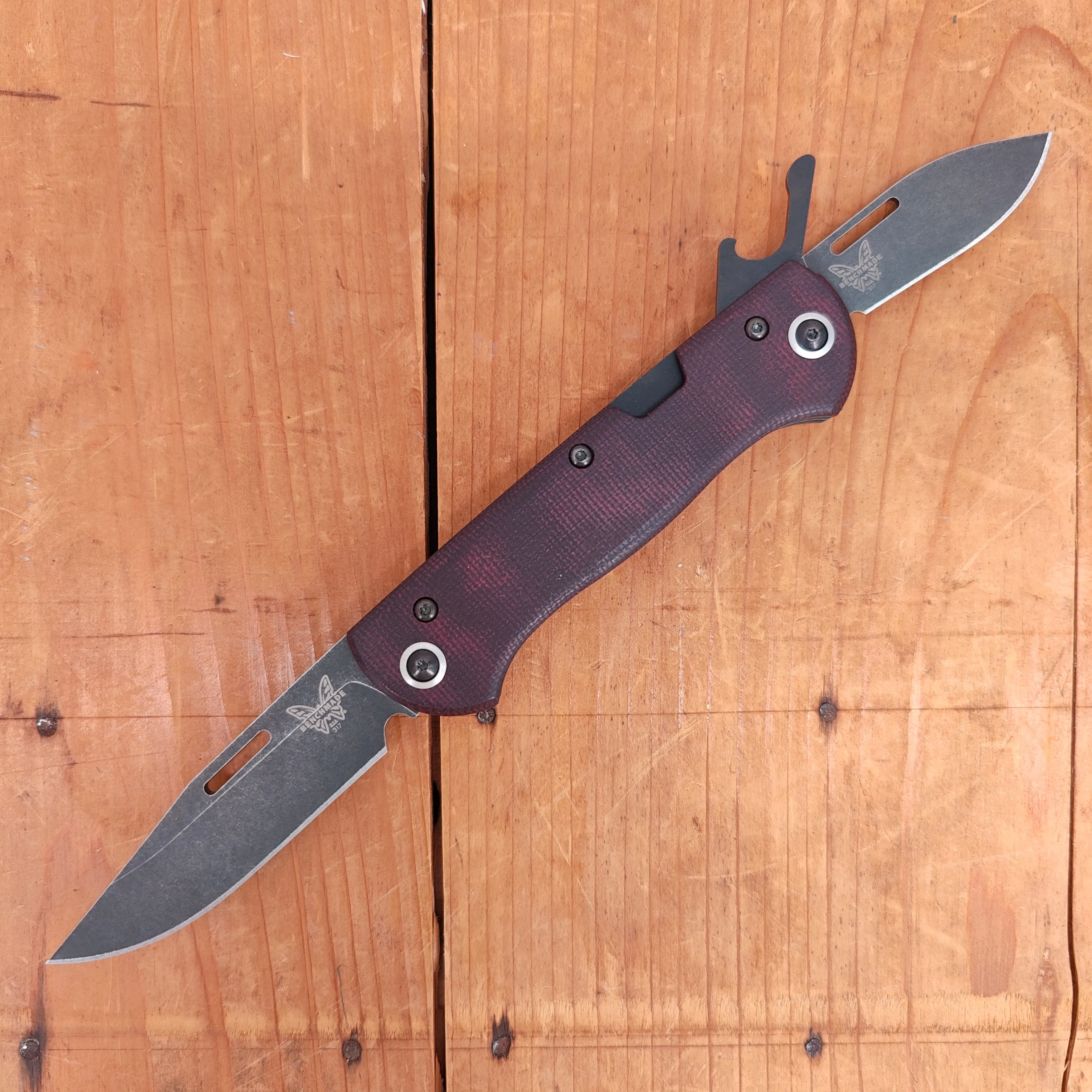 Benchmade 317BK-02 Weekender Drop Point CPM-S90V Lockback Double Red Micarta Handle with Second Blade and Bottle Opener