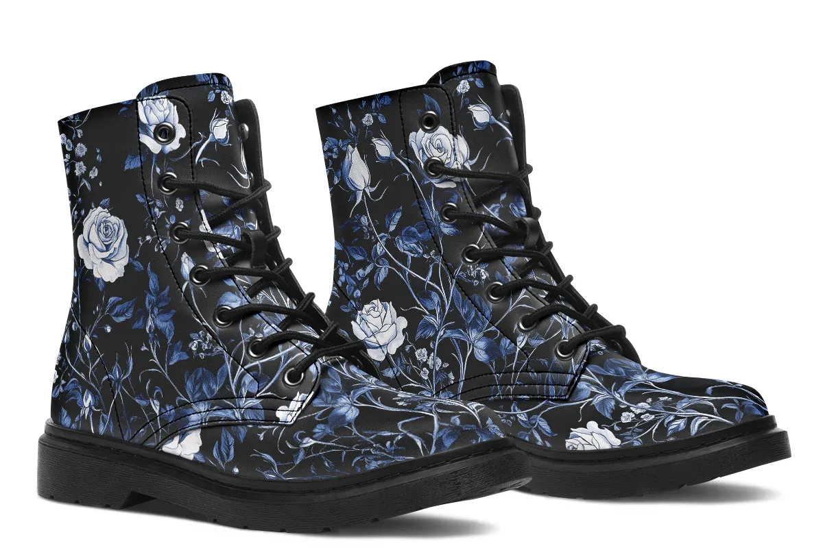 Blue Rose Romance Boots - Vegan Leather Doc-Style Boots with Durable Stitched on Soles