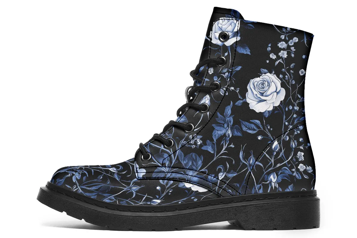 Blue Rose Romance Boots - Vegan Leather Doc-Style Boots with Durable Stitched on Soles