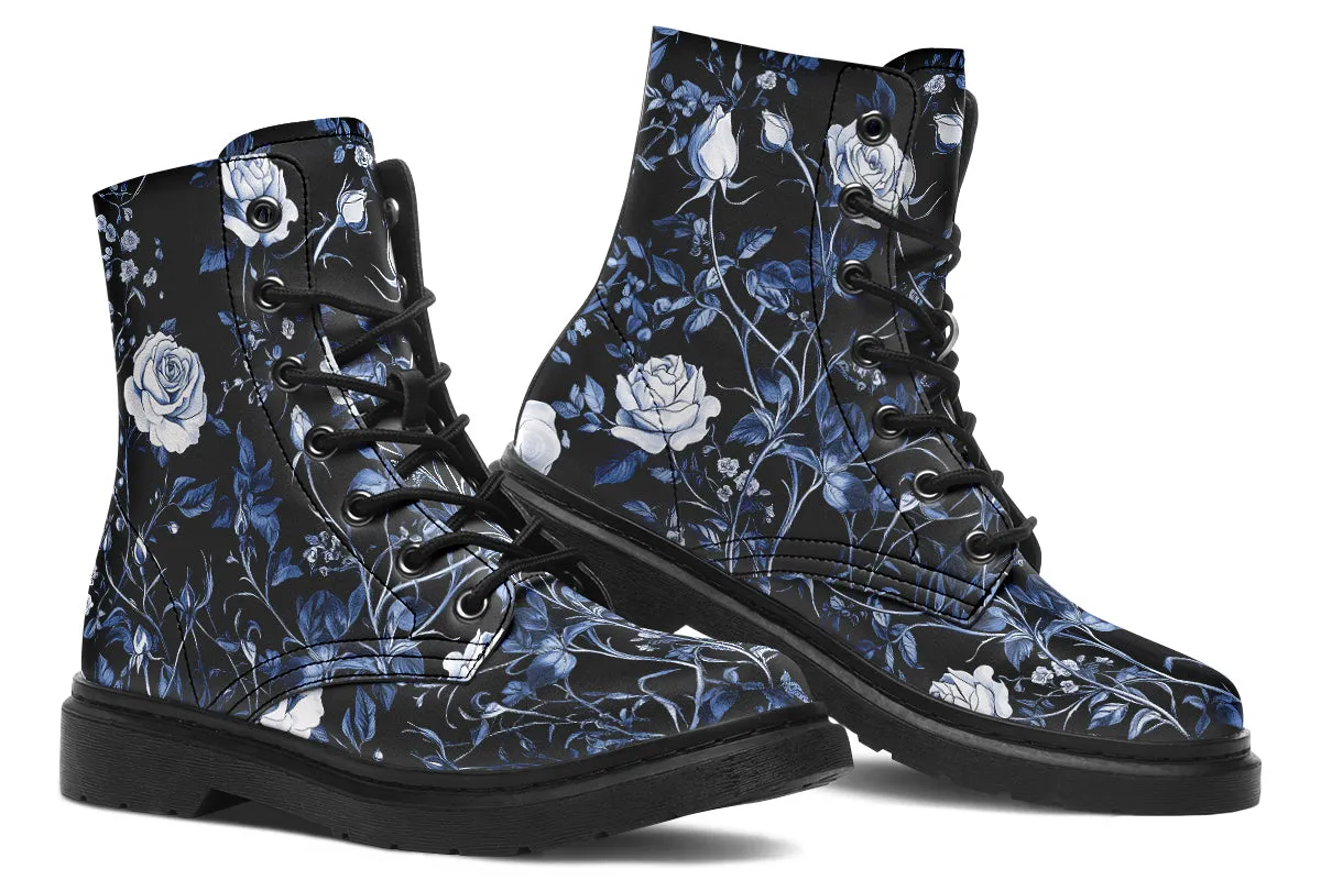 Blue Rose Romance Boots - Vegan Leather Doc-Style Boots with Durable Stitched on Soles