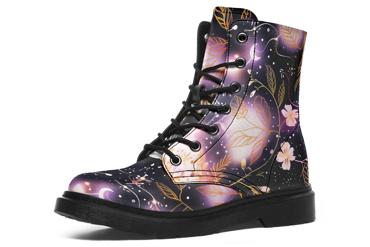 Cosmic Petals Boots - Vegan Leather Doc-Style Boots with Durable Stitched on Soles