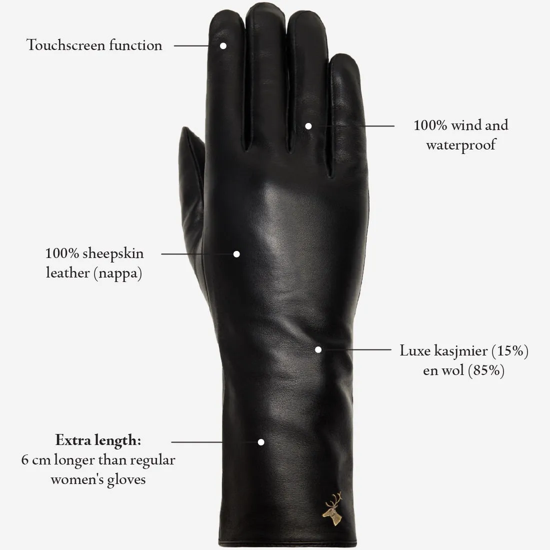 Emma - extra-long sheepskin leather gloves with wool/cashmere lining & touchscreen feature