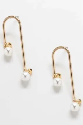 Gold Pearl Curve Bar Earrings