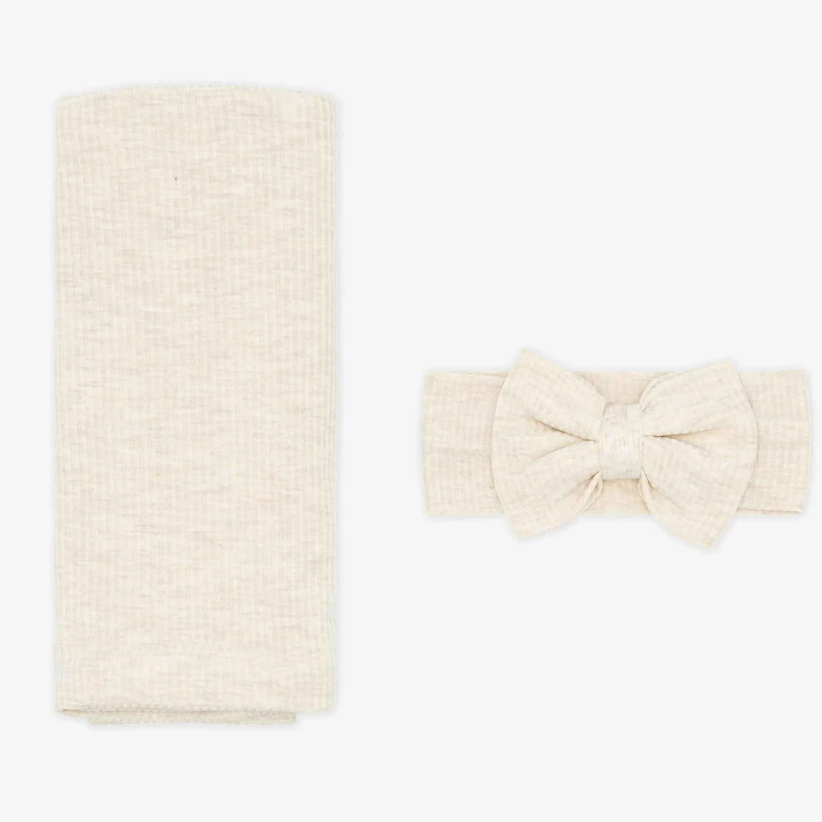 Heather Oatmeal Ribbed Swaddle & Luxe Bow Headband Set