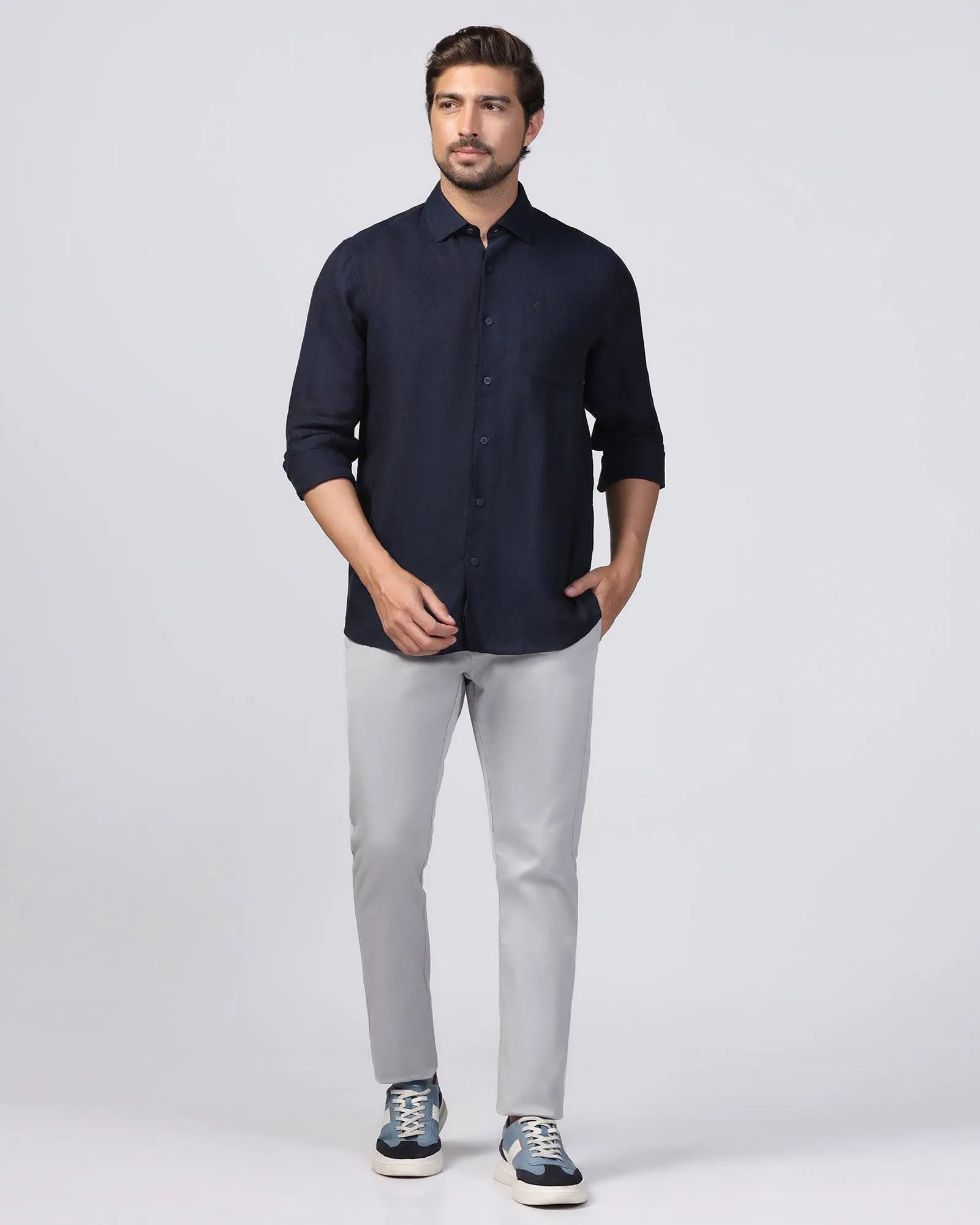 Linen Casual Navy Solid Shirt - Xander