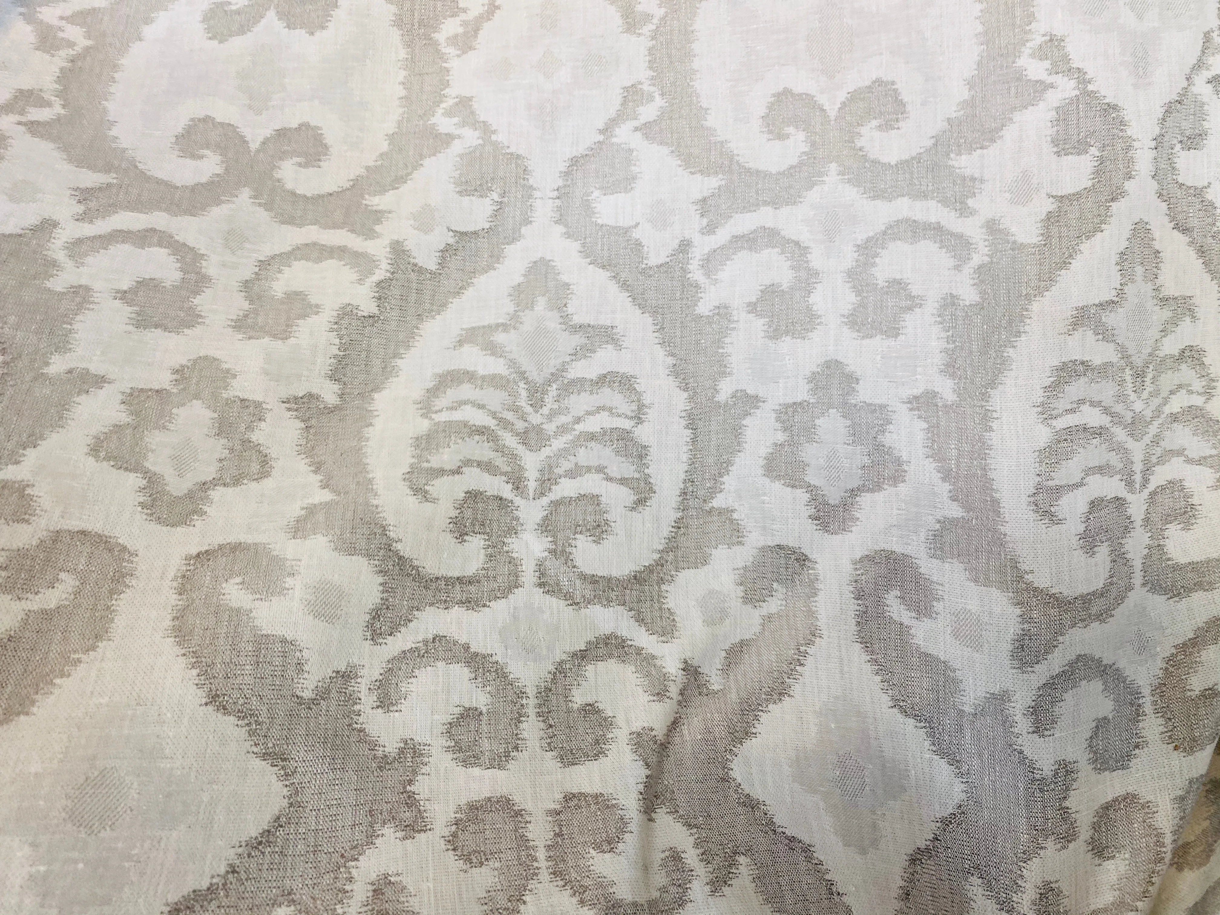 NEW COLOR! Duke Drake Novelty Imported 100% Linen Woven Medallion Fabric Silver and White