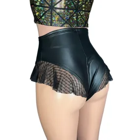 Ruffle Hot Pants High-Waisted Cheeky Bikini in Black Matte Metallic Spandex w/Vixen Mesh