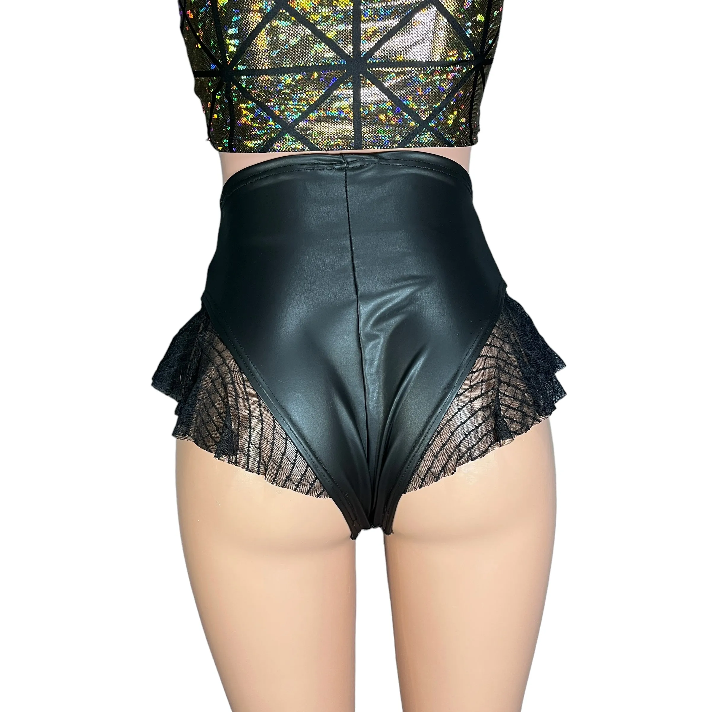 Ruffle Hot Pants High-Waisted Cheeky Bikini in Black Matte Metallic Spandex w/Vixen Mesh