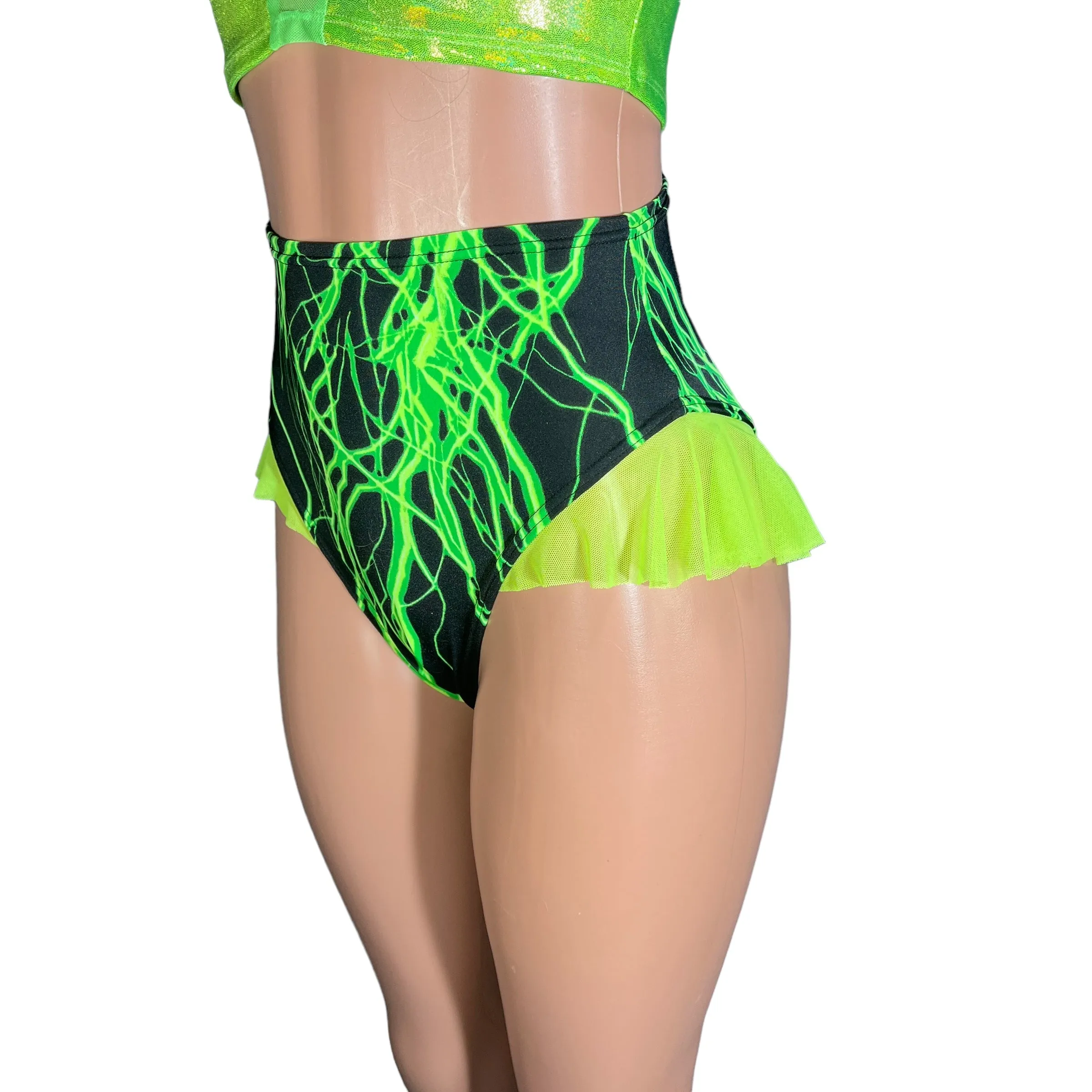 Ruffle Hot Pants High-Waisted Cheeky Bikini in Green Lightning