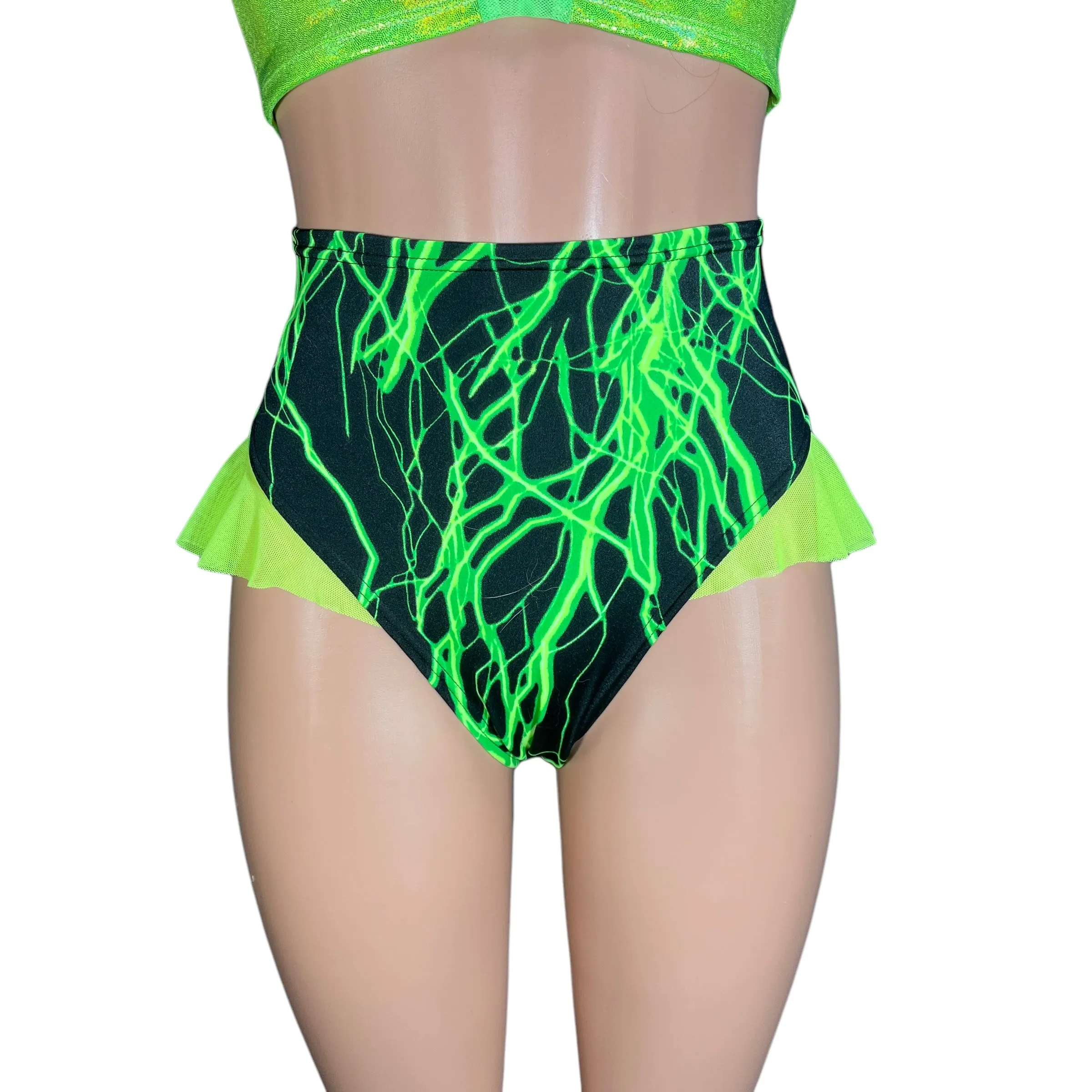 Ruffle Hot Pants High-Waisted Cheeky Bikini in Green Lightning